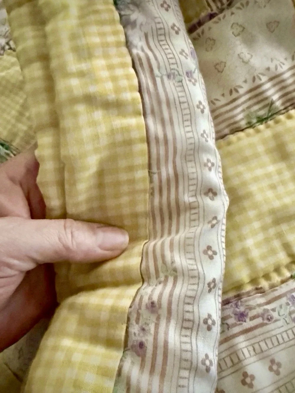 VTG Handmade Rail Fence Quilt Queen Yellow Gingham Cottagecore Floral